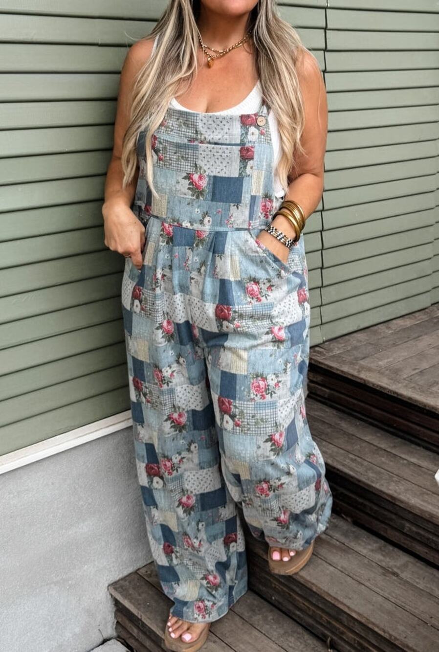 Blakeley Blue Meadow Denim Floral Overalls 1X